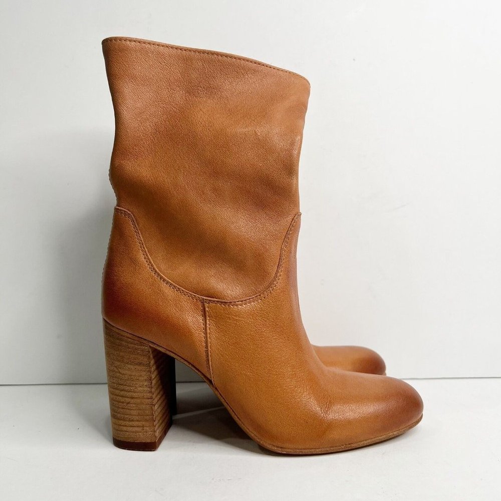 Free People Cognac Leather Mid-Calf Block Heel Boots